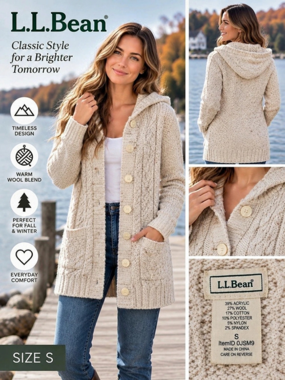L.L.Bean Wool Blend Cable Knit Hooded Cardigan Sweater Coat Small Cream